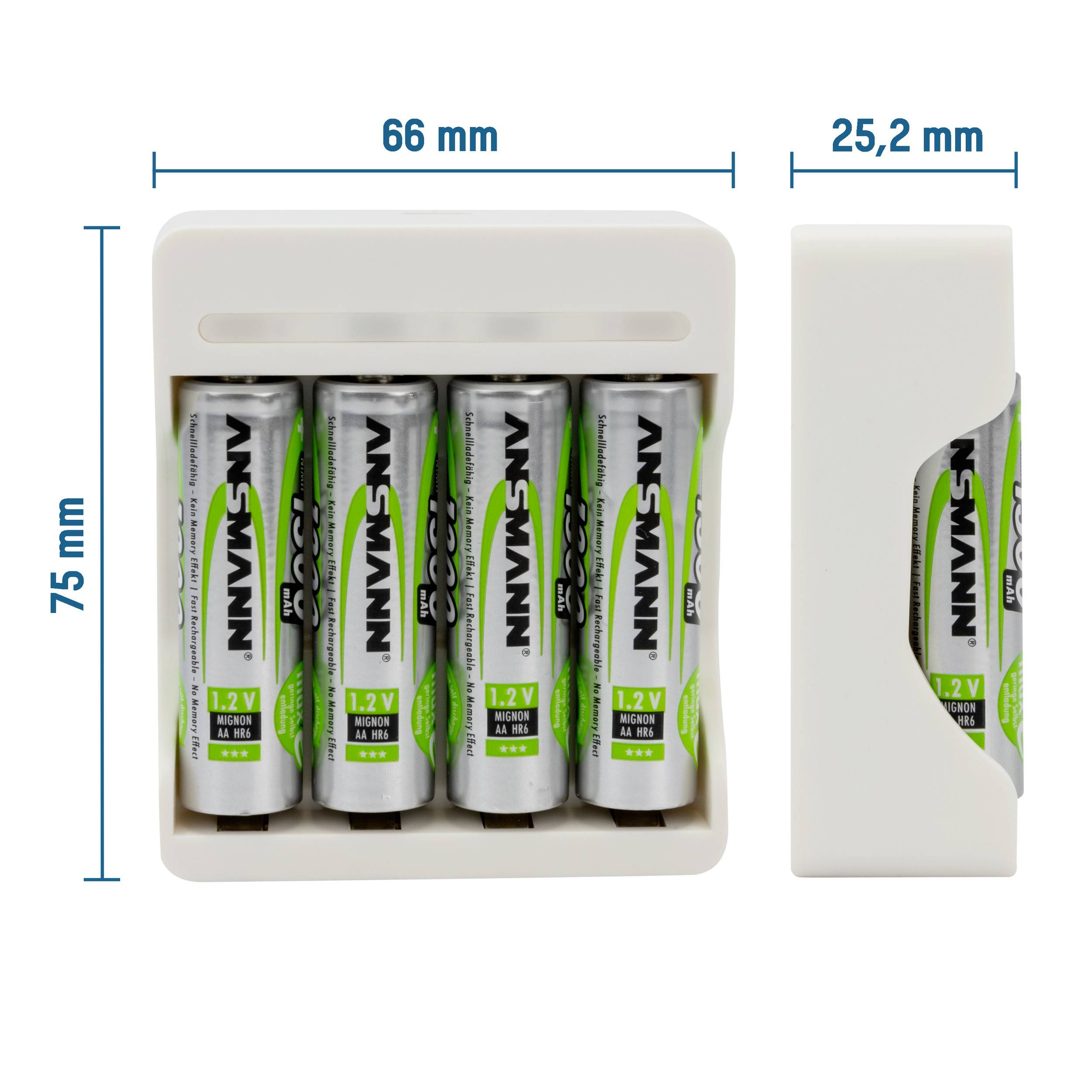 Bílý obal baterie se čtyřmi bateriemi, výška 75 mm, šířka 66 mm. Šířka na jednu baterii: 25,2 mm.
