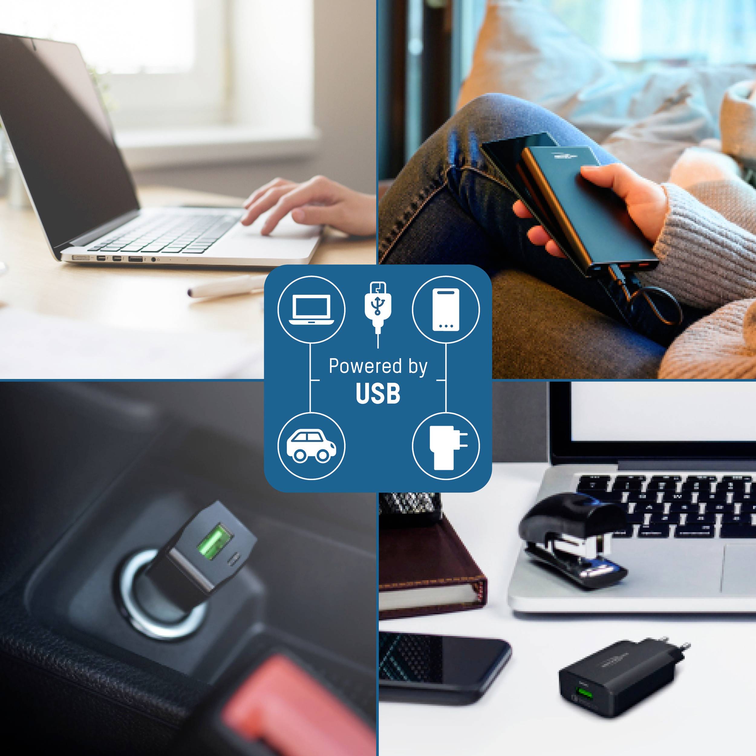 Koláž nabíjecích rozhraní: Laptop, smartphone, adaptér. Text: Napájeno přes USB.