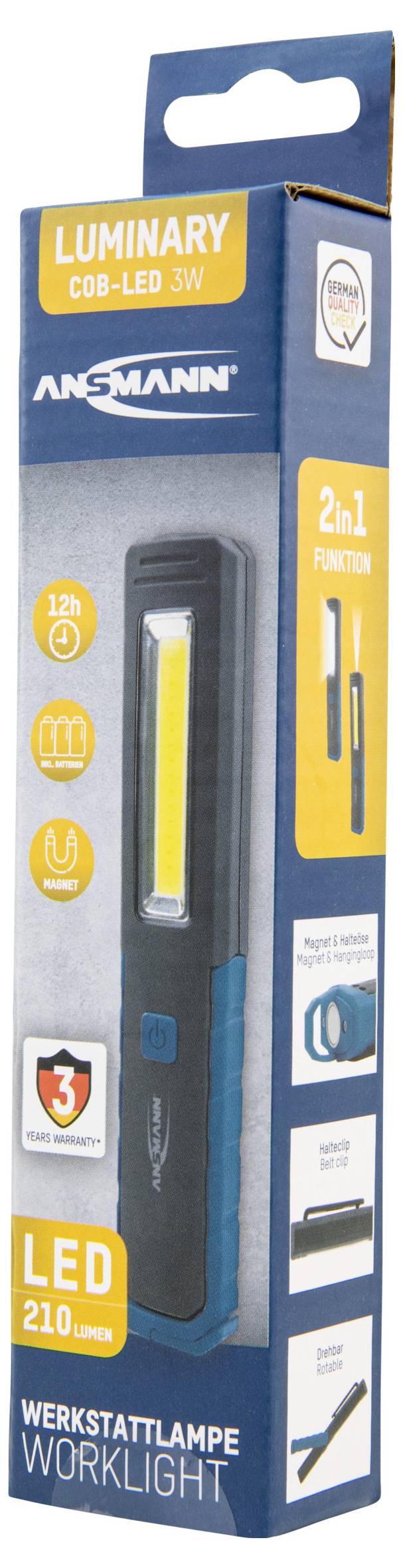 Modrá dílní lampa Ansmann s COB LED 3W, 210 lumenů, vykazuje funkce jako 12hodinová výdrž a háček. Balení obsahuje obrázek lampy.