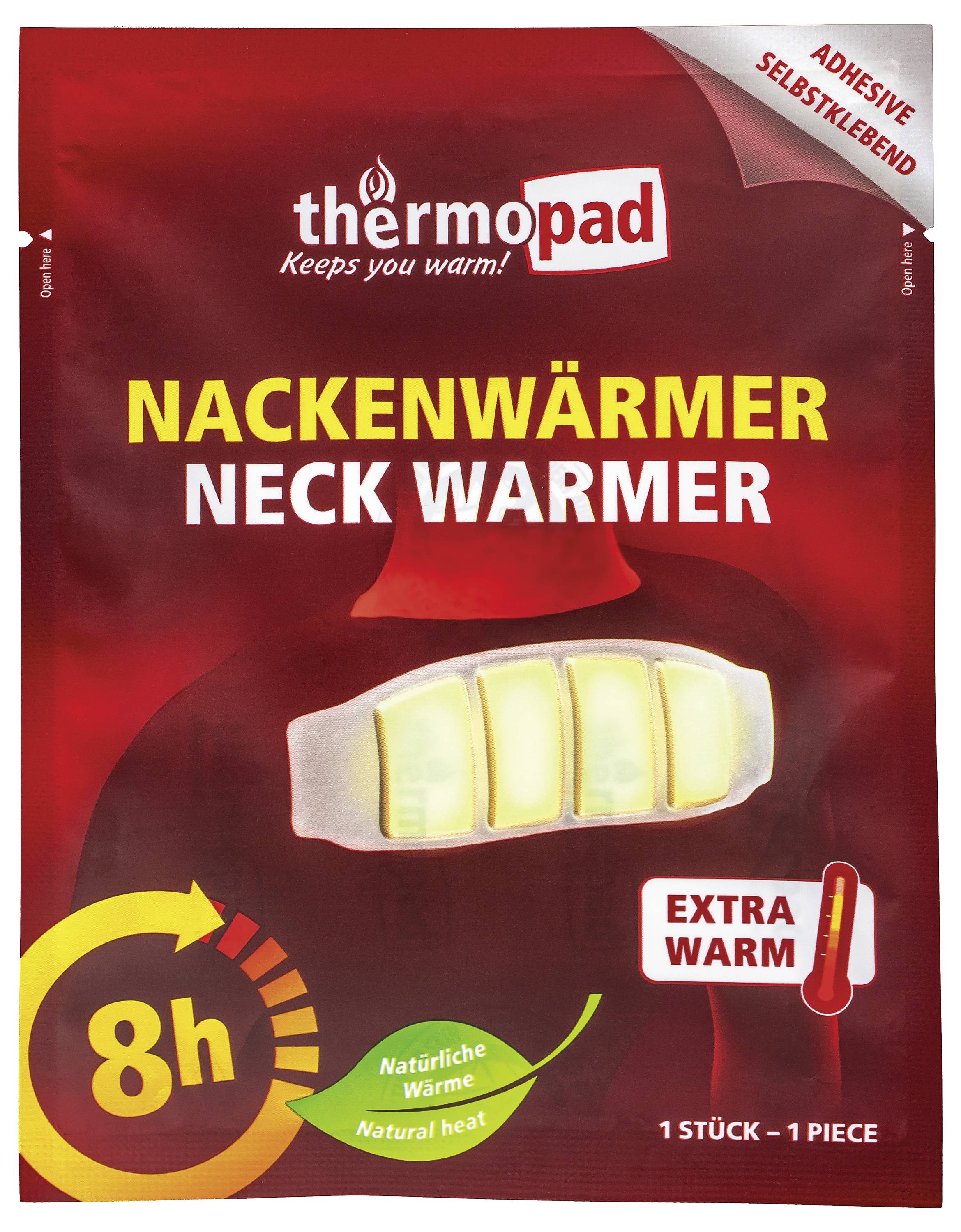 'thermopad Nákrčník Ohřívač krku' balení zobrazující obrázek ohřívače krku. Text uvádí 'extra teplý', '8h přírodního tepla' a 'lepidlo'.