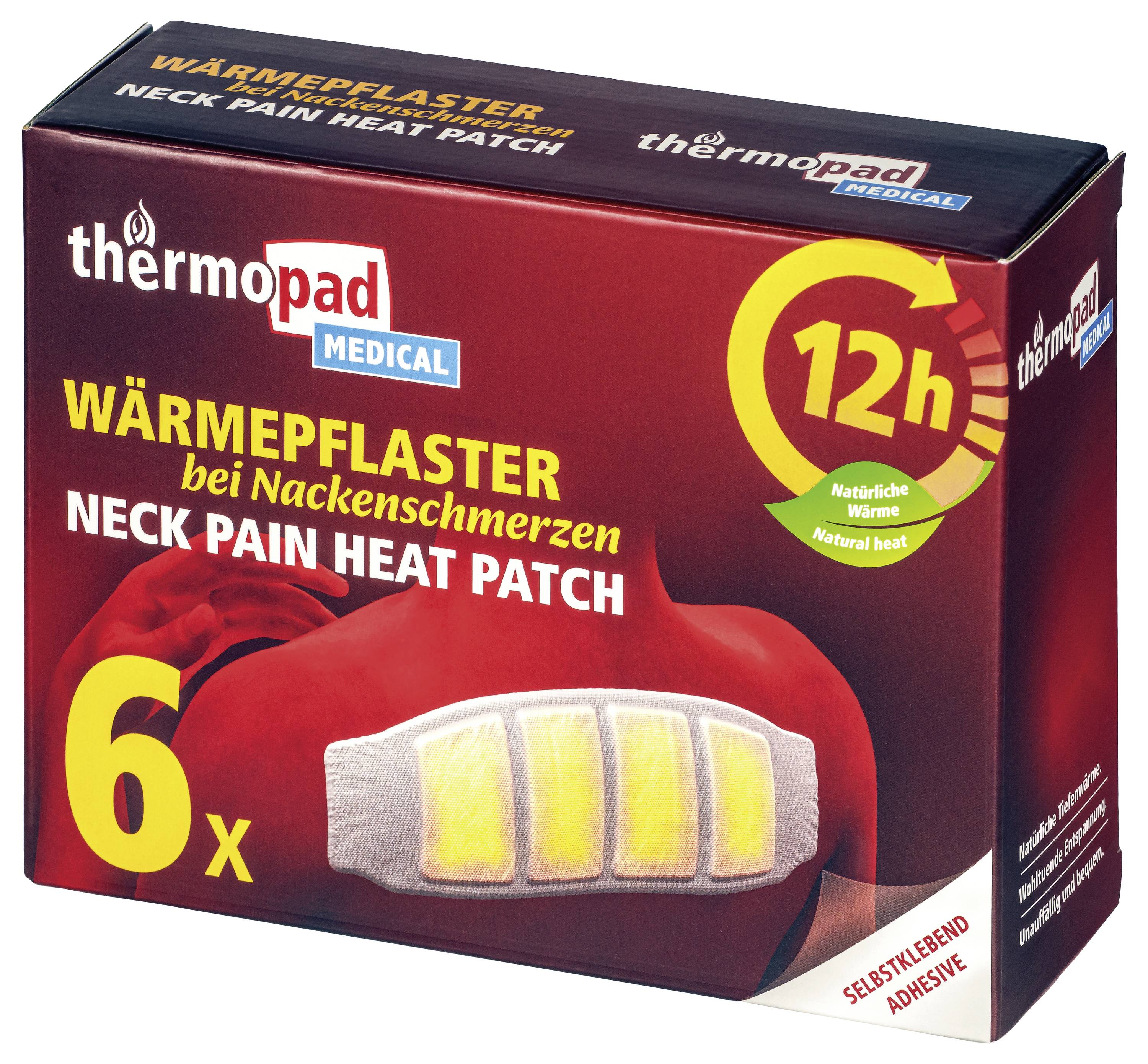 Krabice termopad Medical plestrů na bolest krku s teplem, označená jako 'Wärmepflaster bei Nackenschmerzen' a 'Neck Pain Heat Patch', s 6 plestrů a délkou tepla 12 hodin.