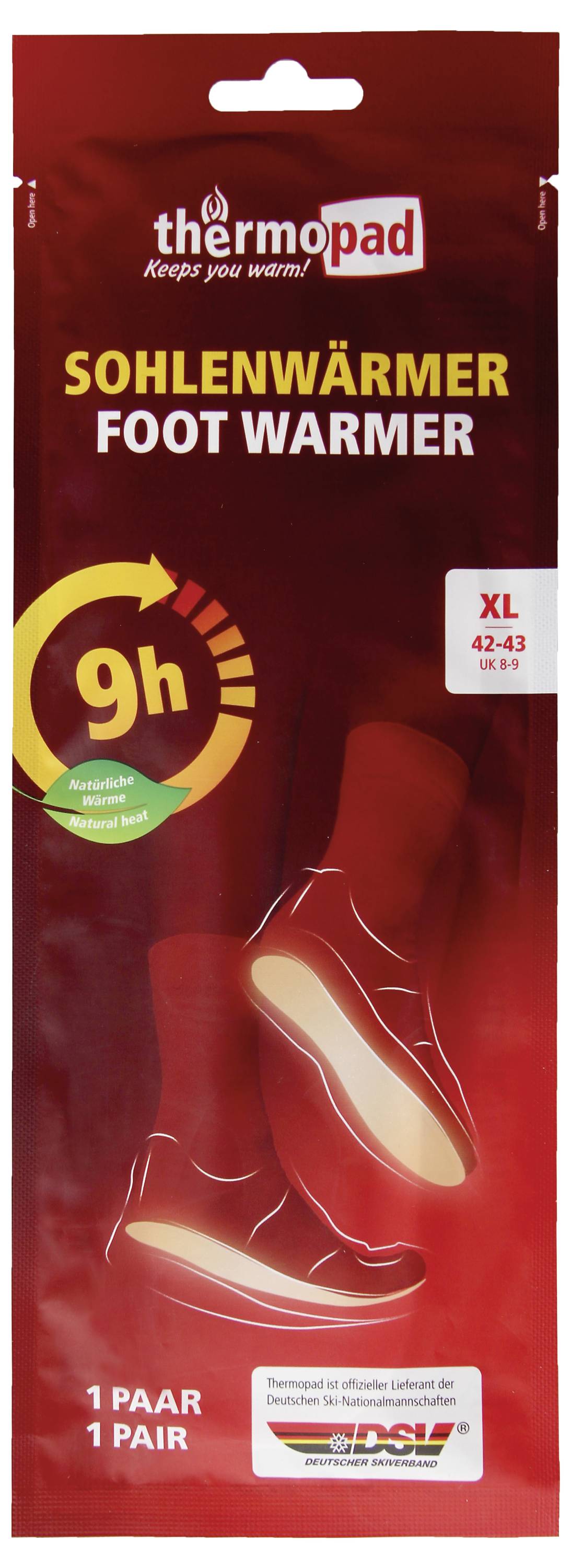 Balení termopad ohřívačů nohou, označené "Sohlenwärmer" a "FOOT WARMER," pro velikosti bot XL 42-43, s dobou trvání tepla 9 hodin.