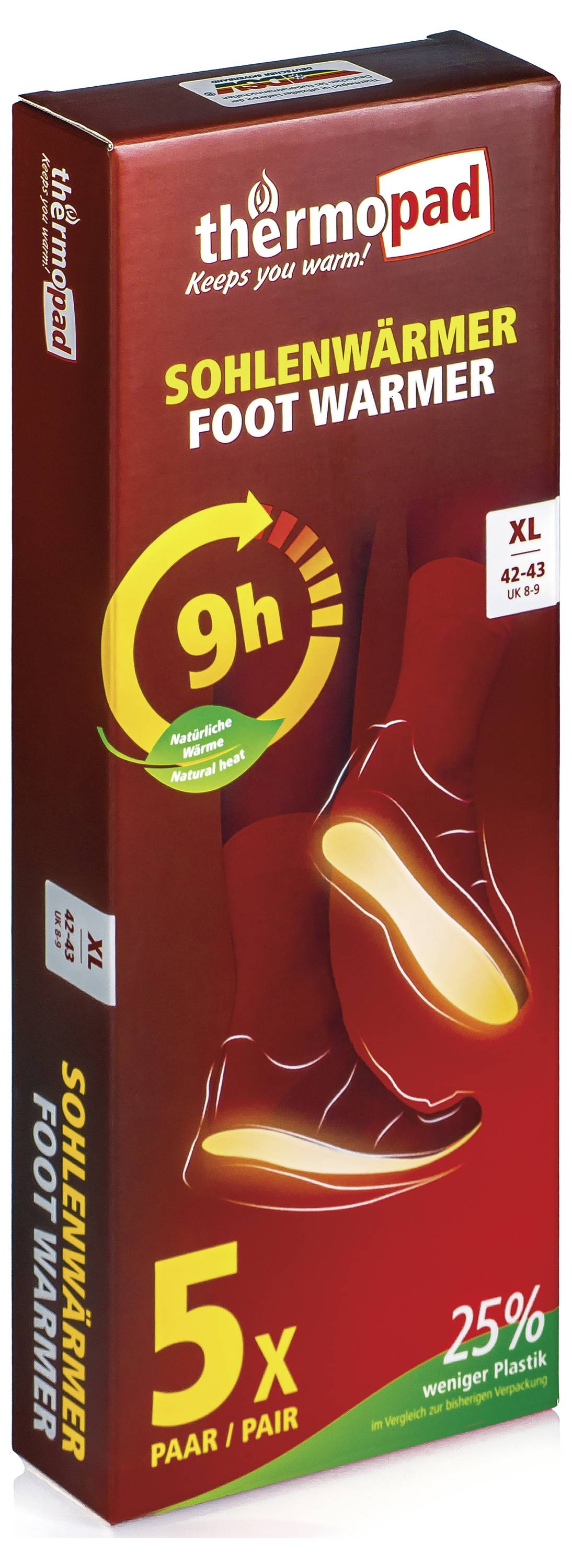 Krabice termopad solárních ohřívačů nohou, které poskytují 9 hodin tepla, velikost XL 42–43, 5 párů, s 25% méně plastu