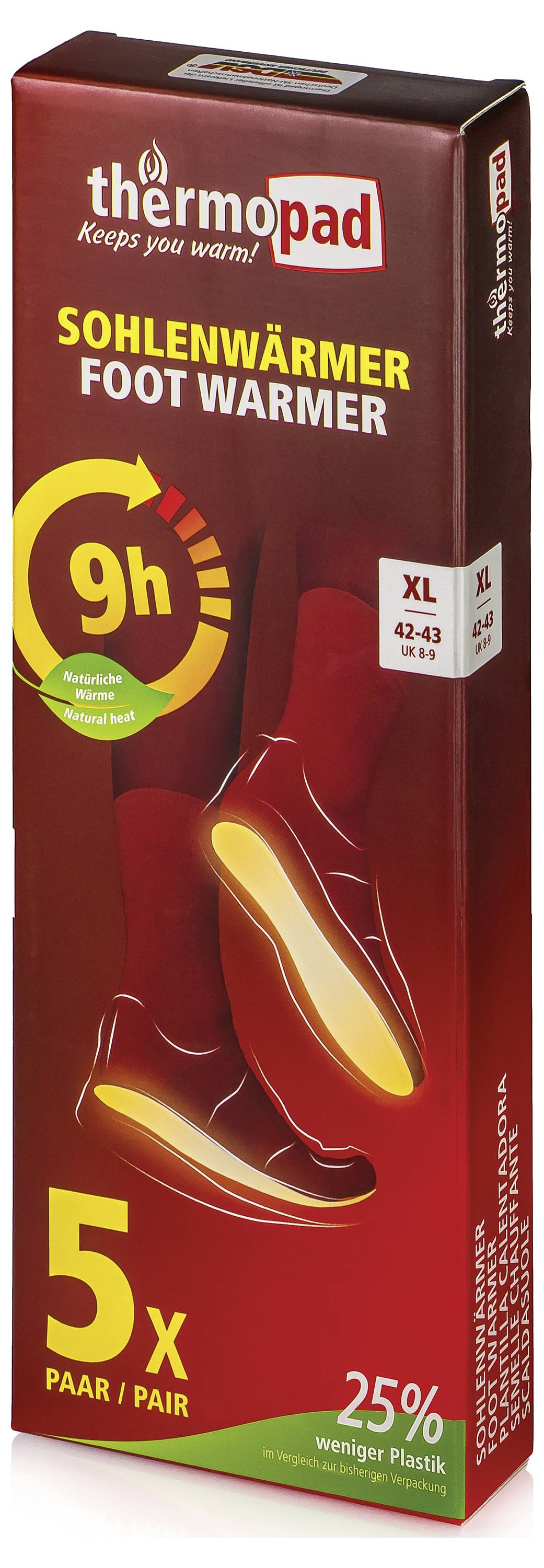 Krabice termopad ohřívačů bot, označená 'SOHLENWÄRMER FOOT WARMER', 9hodinové teplo, velikost XL, 5 párů, 25% méně plastu.