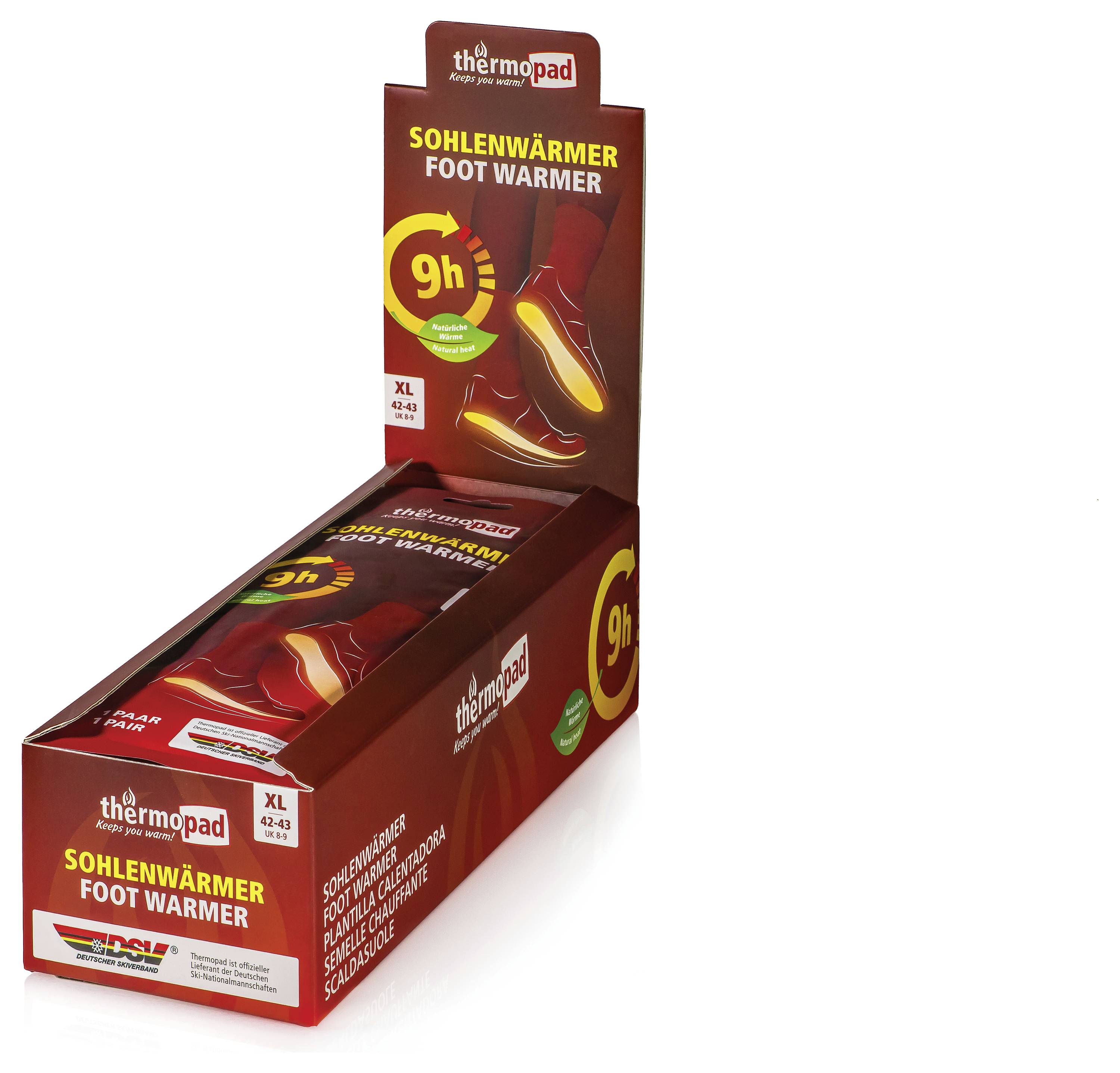 Termopad ponožky na zahřívání nohou v maloobchodní krabici, označené 'SOHLENWÄRMER FOOT WARMER' a '9h', velikost XL 42-43.