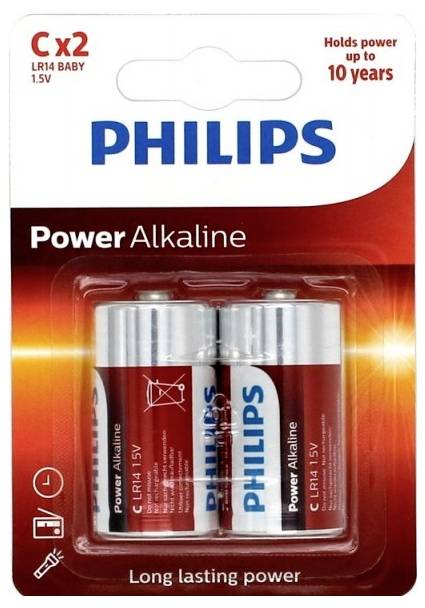 Philips Power Alkalické C x2 baterie, blister s dvěma 1,5V C bateriemi, vhodné pro dlouhotrvací výkon a uchovatelné po dobu 10 let.
