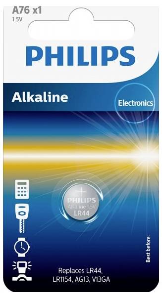 'Philips alkalické baterie A76, 1,5V, nahrazuje LR44, LR1154, AG13, V13GA. Vhodné pro elektronická zařízení. Minimální trvanlivost uvedena. Obal zobrazuje baterii a ikony použití.'