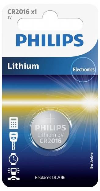 Philips lithiová baterie CR2016, 3V. Balení s piktogramy pro použití ve vzdálených ovladačích, autoklíčích a zařízeních.