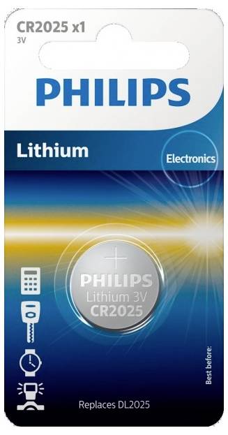 Lithiová knoflíková baterie Philips CR2025 na modré obálce. Vhodná pro elektronická zařízení. 3V, náhrada za DL2025.