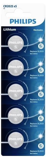 Pět lithiových knoflíkových baterií značky Philips, typ CR2025. Obal ukazuje, že nahrazují typ DL2025 a jsou vhodné pro různou elektroniku.