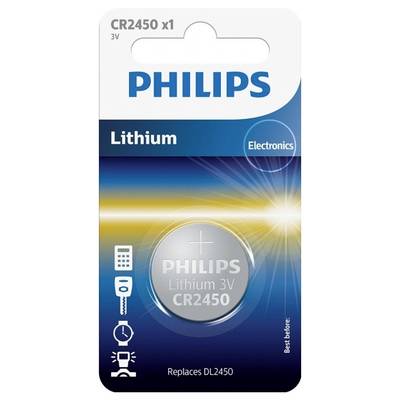 Balení lithiové baterie Philips CR2450, 3V. Balení zobrazuje symbol pro elektronická zařízení.