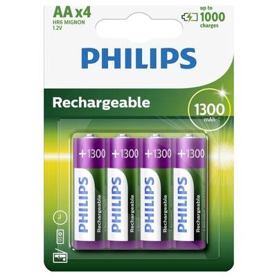 Čtyři dobíjecí baterie AA od Philips s kapacitou 1300 mAh. Balení ukazuje možnost až 1000 nabíjecích cyklů.