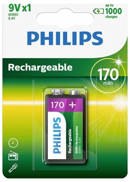 Dobíjecí baterie Philips 9V, 170mAh. Obal zobrazuje baterii s vytištěnou kapacitou a názvem značky.