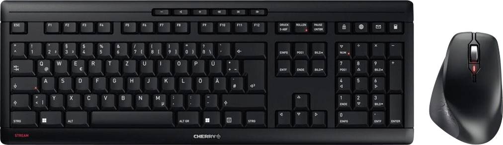 Černá bezdrátová klávesnice a myš. Klávesnice s úplným rozložením a funkčními klávesami; ergonomická myš s kolečkem pro posun.