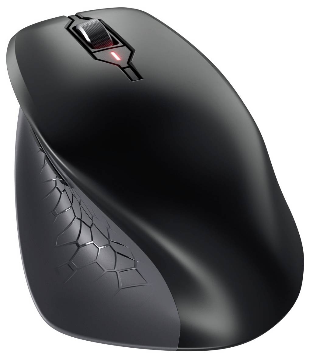 Černá bezdrátová počítačová myš s ergonomickým designem a protiskluzovou rukojetí, pohled z boku.