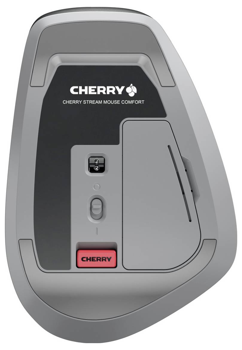 Šedá počítačová myš značky 'Cherry' s ergonomickým designem, pohled z zespodu. Zobrazuje dva velké a jeden malý posuvný ovladač.