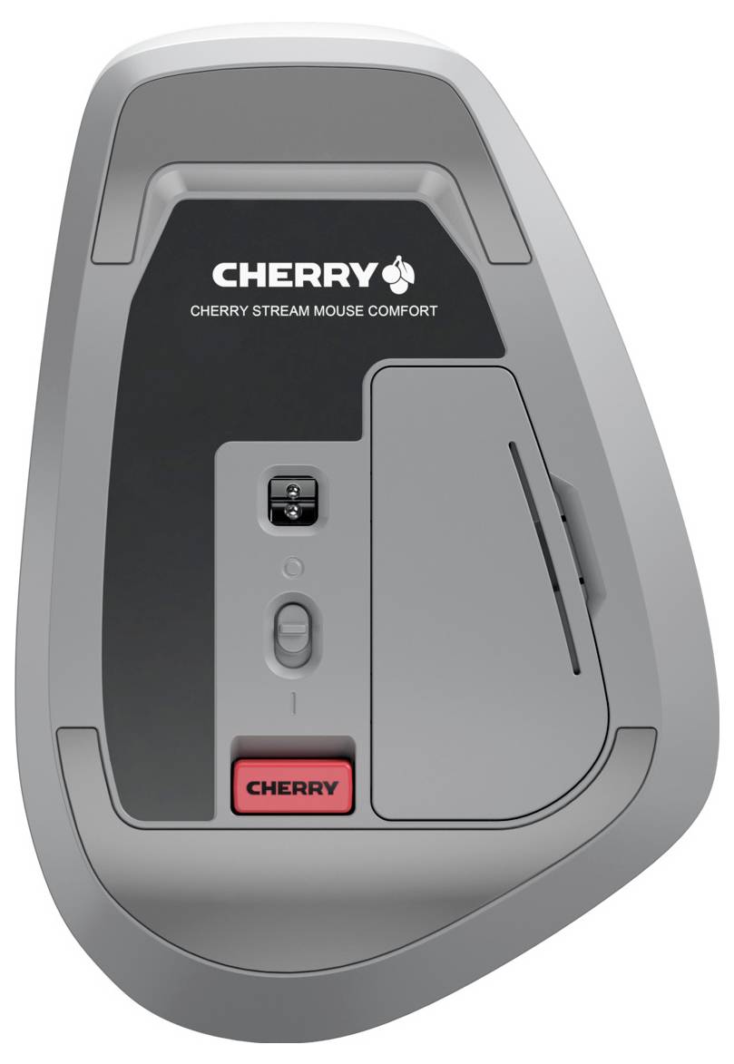 Spodní strana šedé počítačové myši značky Cherry s černým logem a krytem baterie a vypínačem.