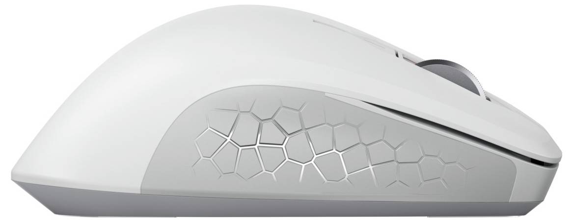 Bílá počítačová myš s šedými, honeycombovými akcenty na straně, ergonomický design, boční pohled.