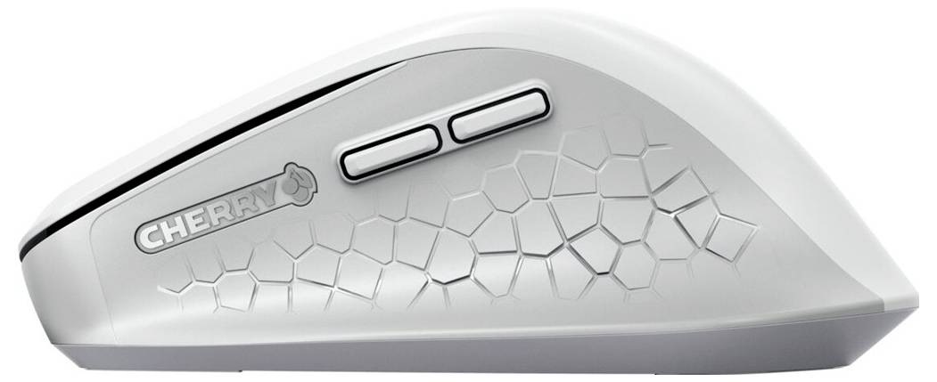 Bílá počítačová myš s ergonomickým designem, postranními texturovanými vzory a dvěma postranními tlačítky. Ideální pro pohodlnou práci.