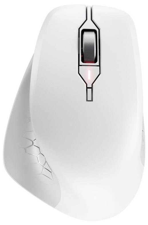 Bílá ergonomická počítačová myš s kolečkem pro rolování a včelím plástvovým vzorem na straně.