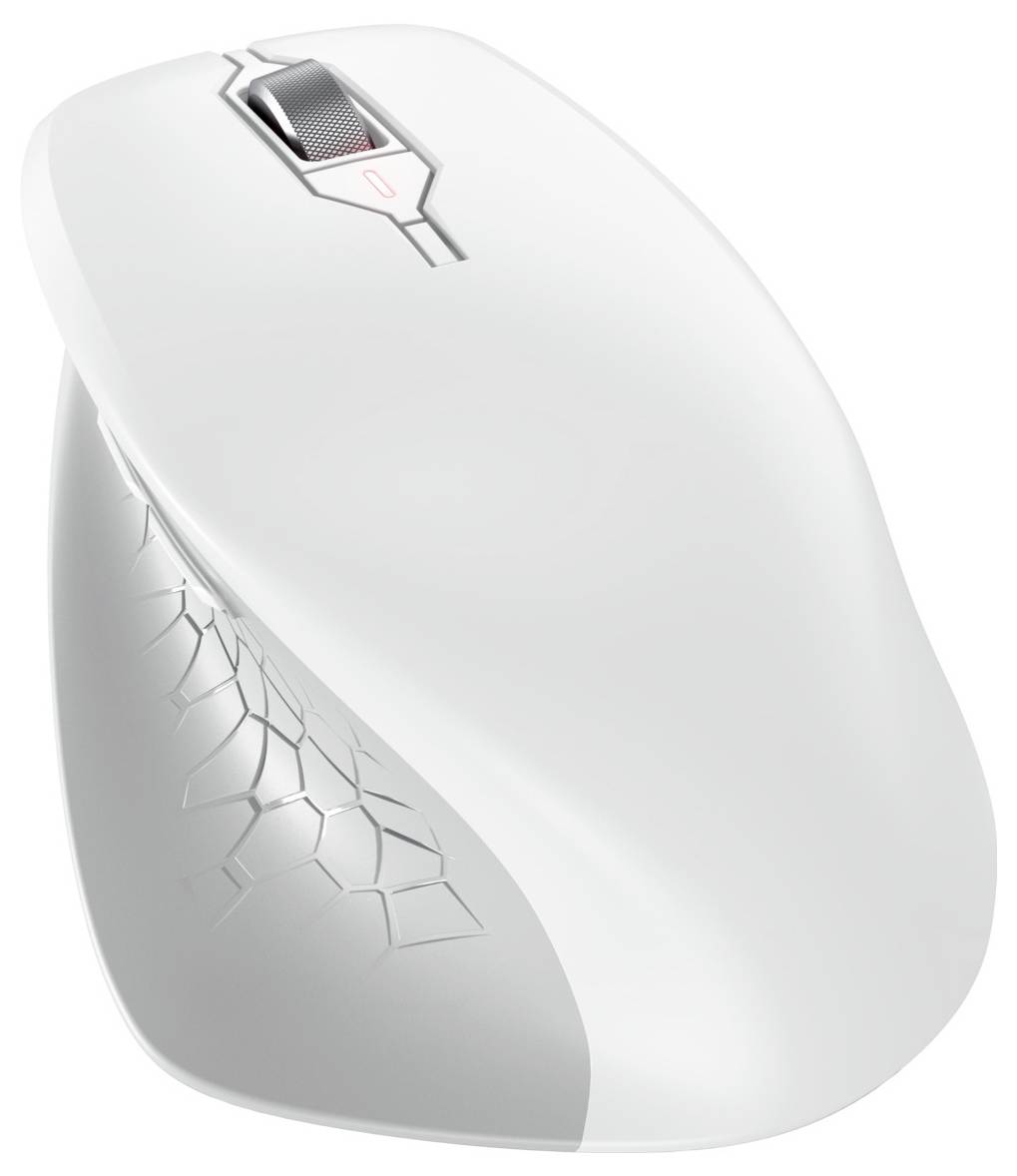 Bílá bezdrátová počítačová myš s ergonomickým designem a strukturovaným povrchem na straně, vhodná pro pohodlné používání.