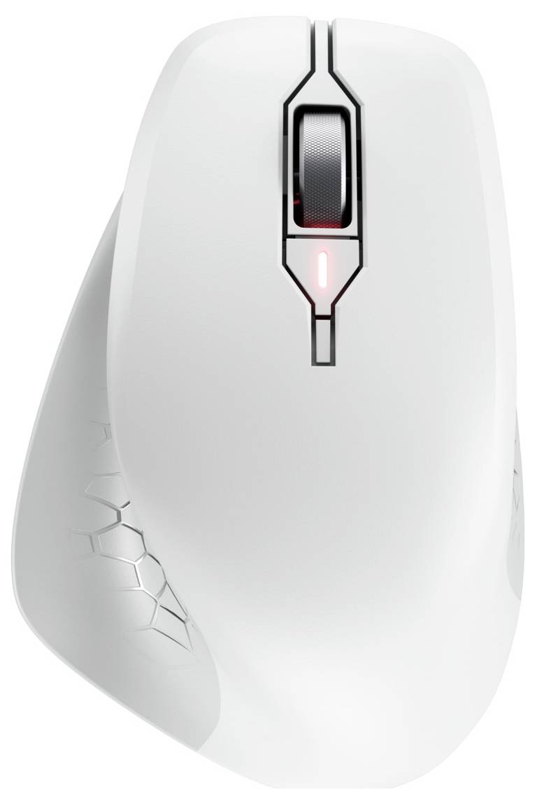 Bílá ergonomická počítačová myš s kolečkem pro posouvání a svítícím LED páskem. Design s šestiúhelníkovým vzorem na straně.
