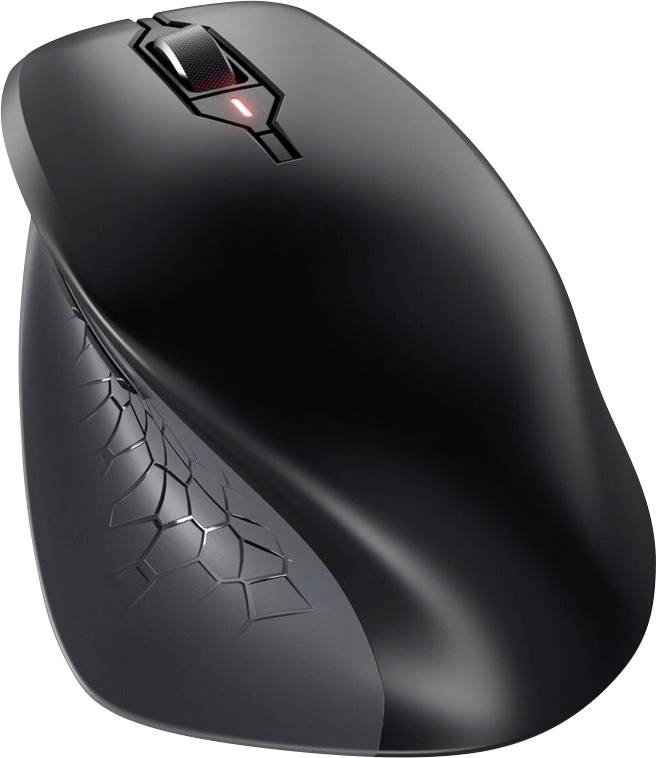 Ergonomická černá počítačová myš s tvarovanou rukojetí a červeným světlem na scrollovacím kolečku, vhodná pro pohodlné používání.