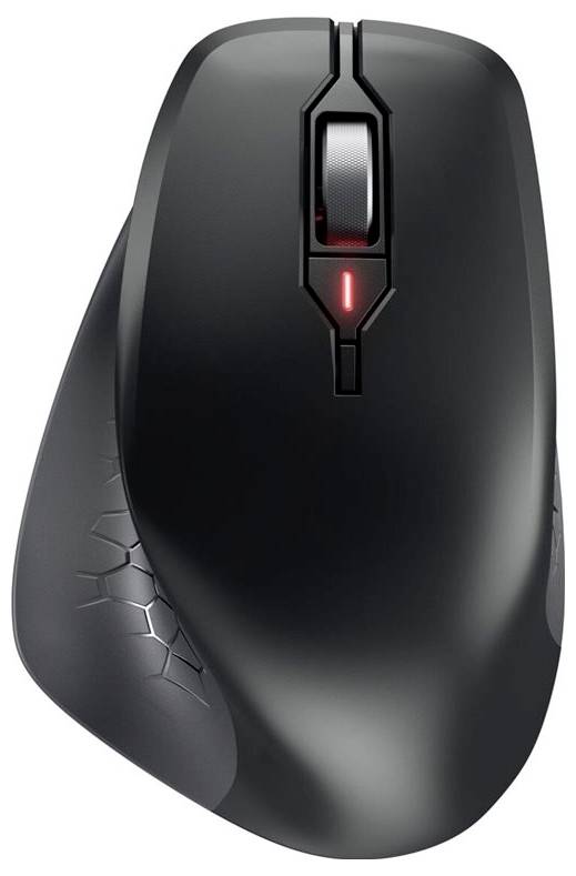 Černá počítačová myš se skrolovacím kolečkem, ergonomický design.