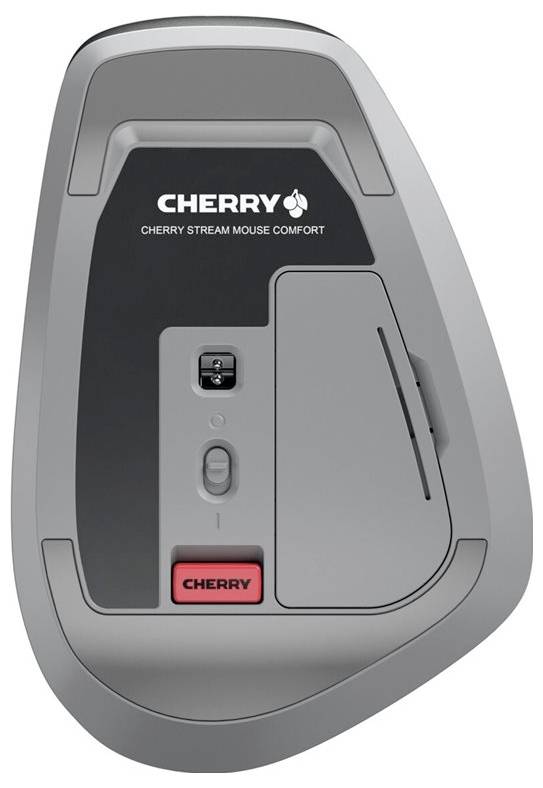 Počítačová myš pohledem zdola s logem CHERRY, červeným spínačem CHERRY a senzorem, ergonomický design.