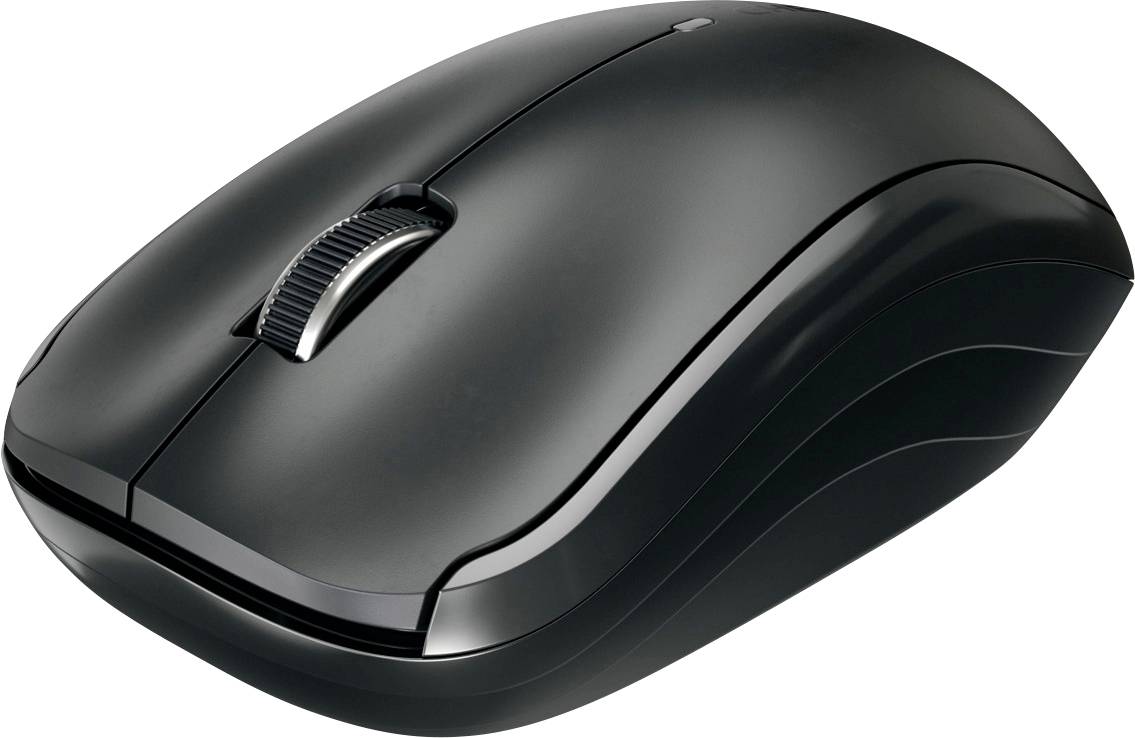 Bezdrátová černá počítačová myš s kolečkem pro scrollování a ergonomickým designem.