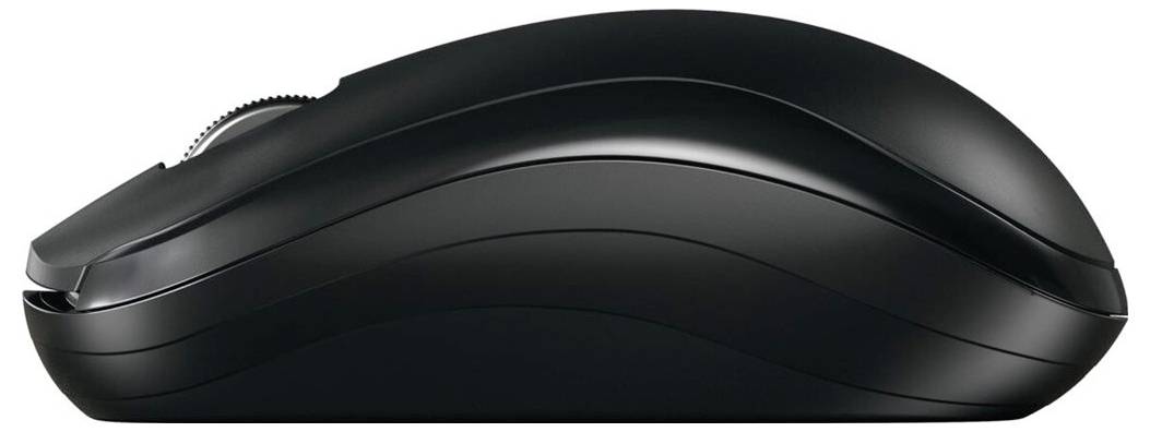 Černá bezdrátová počítačová myš z bočního pohledu, ukazující ergonomický design s rolovacím kolečkem.
