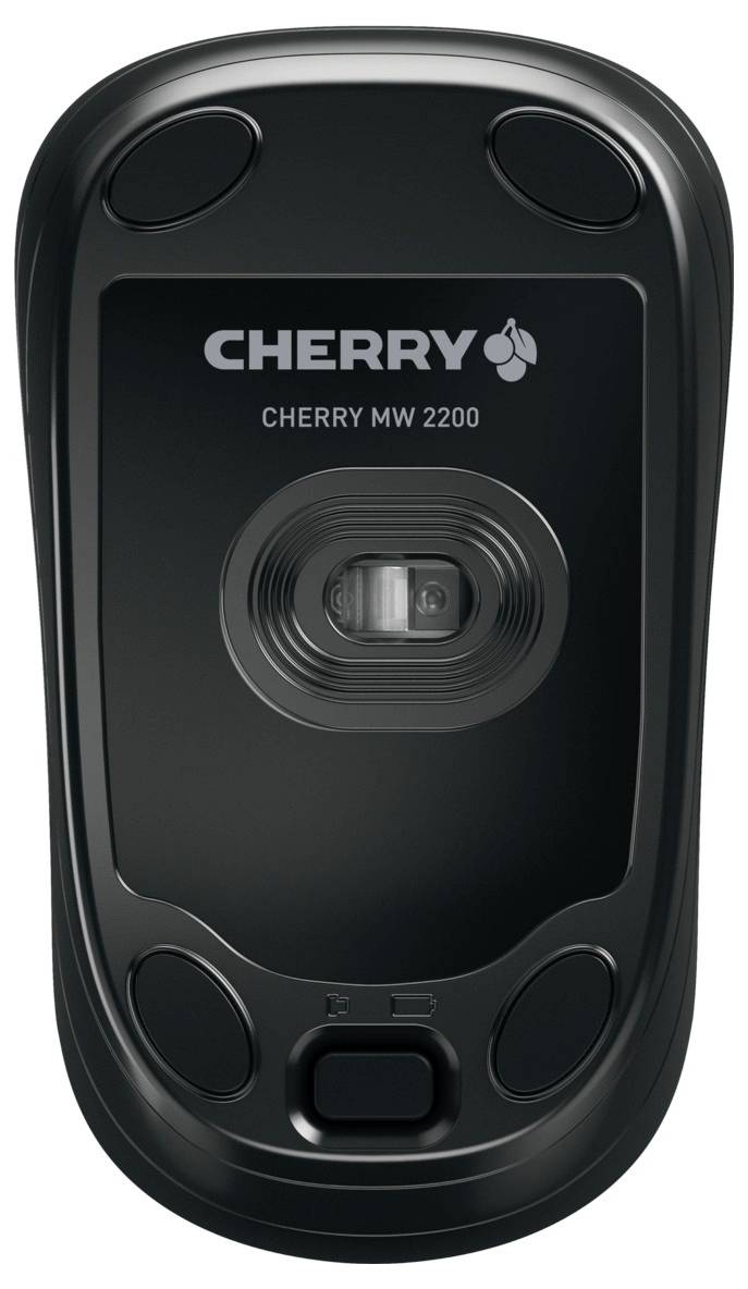 Černý spodní pohled počítačové myši modelu 'CHERRY MW 2200', rozpoznatelný podle optického senzoru a označení modelu.