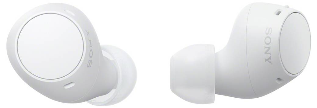 Bílé sférické pecky Sony s minimalistickým designem, zobrazené v detailním záběru.