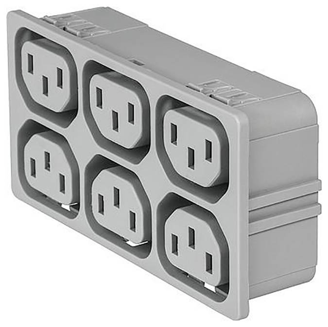 Šedý rozvodný blok se šesti zásuvkami, obdélníkový tvar, s otvory pro stohovatelnost nahoře a vlevo. Vhodný pro elektrické připojení.