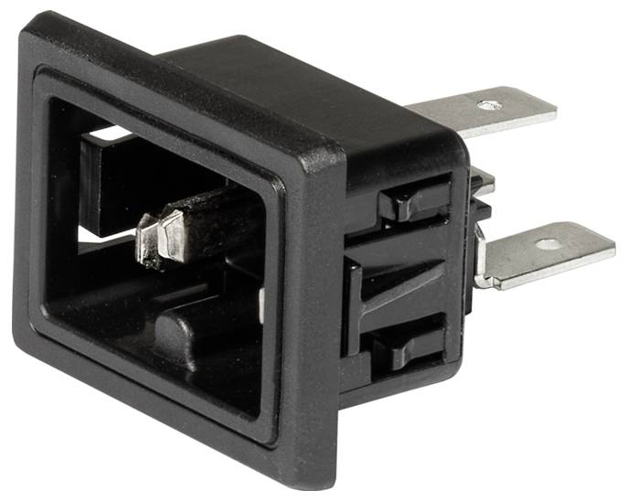 Obdélníkový černý vypínač se dvěma kovovými kolíky pro elektrické propojení.