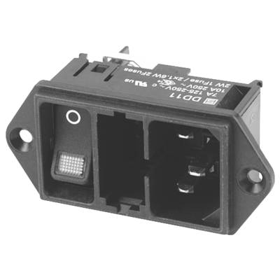 Černý síťový spínač se dvěma otevřenými sloty, vhodný pro zařízení 10A 125-250V~; označení '2X T2.5H/250V'.