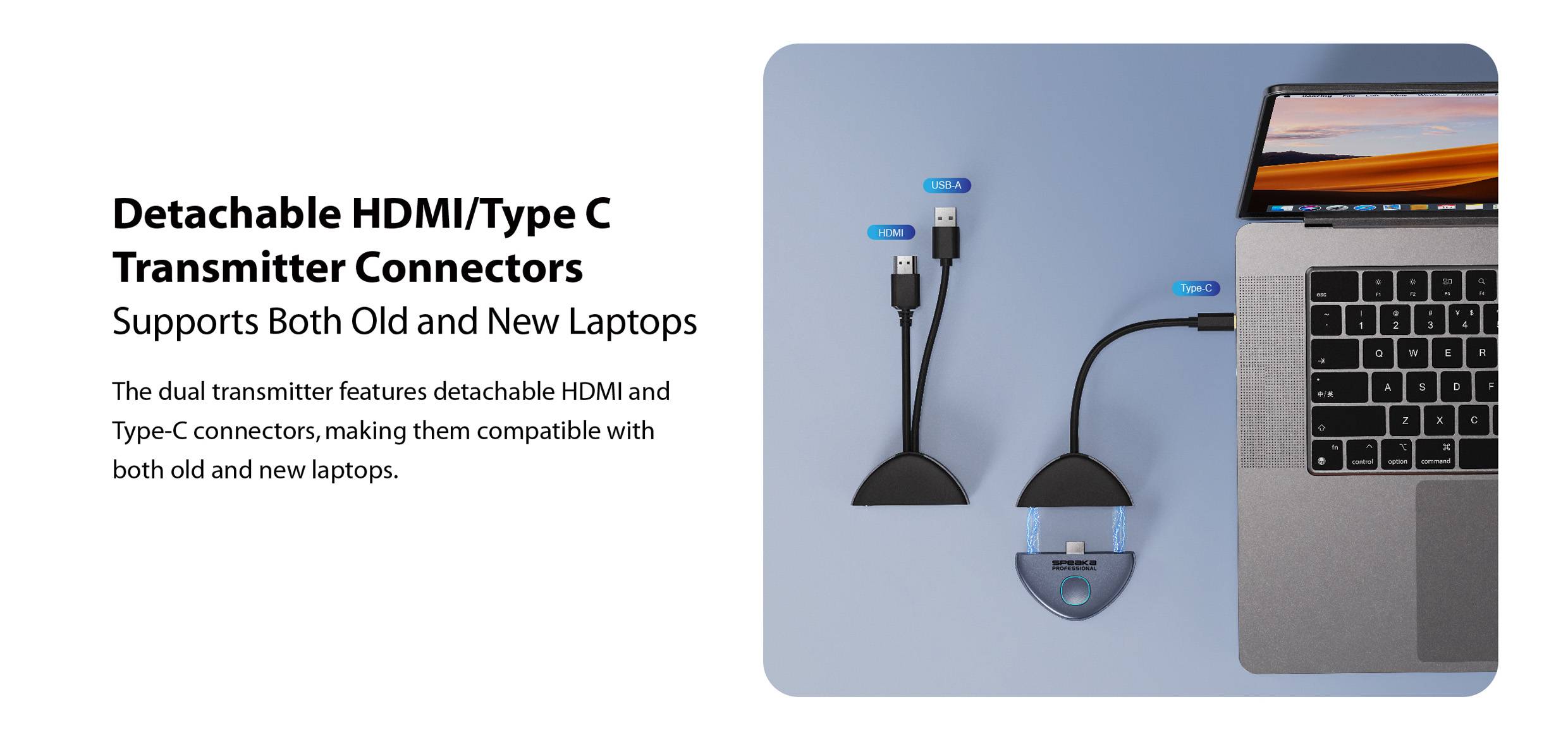 Odpojitelné přenosové konektory HDMI/Type-C podporují staré i nové laptopy. Kabely jsou připojeny k laptopu.
