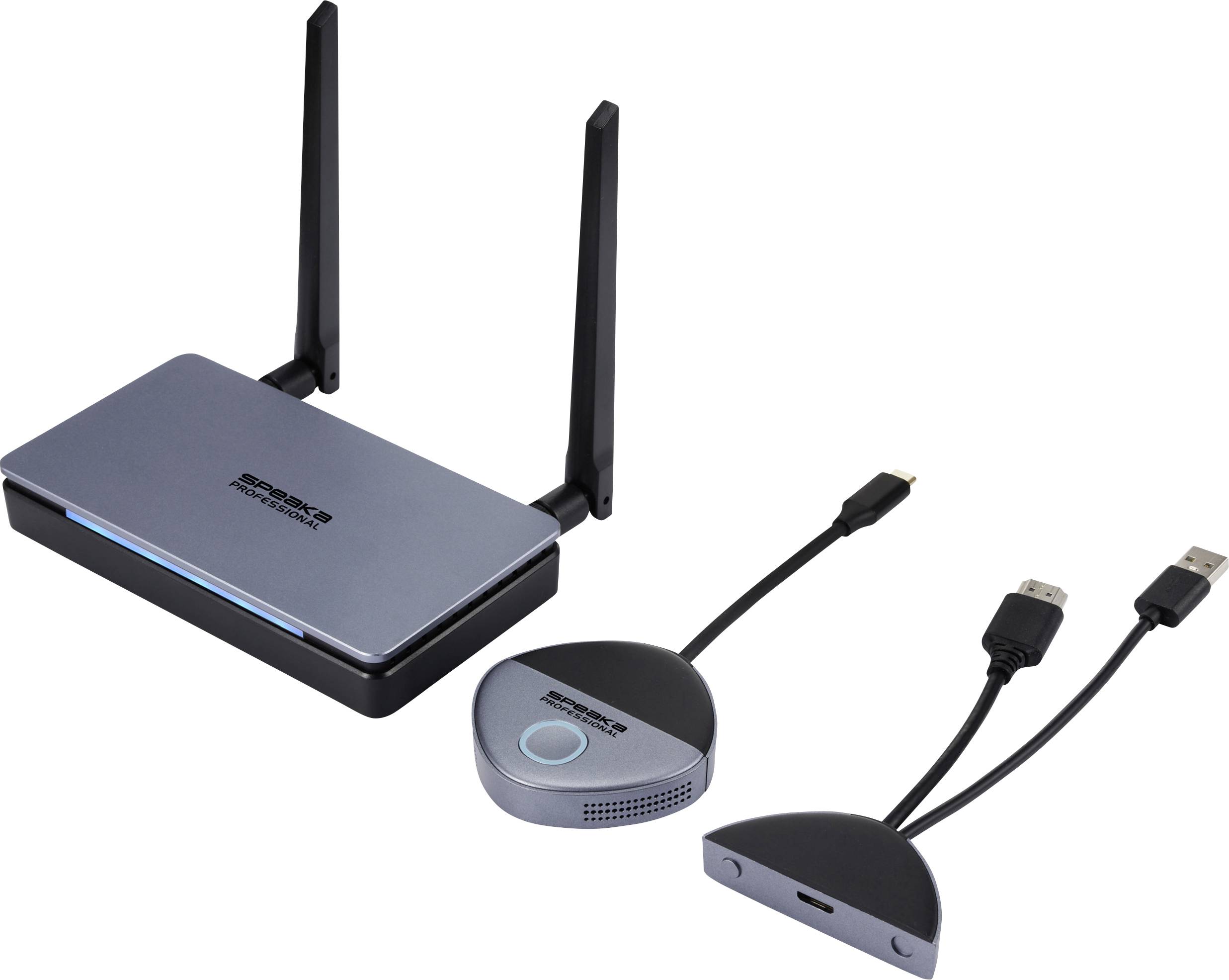 Bezdrátový prezentační systém s hlavním zařízením a dvěma USB adaptéry pro bezdrátové připojení.