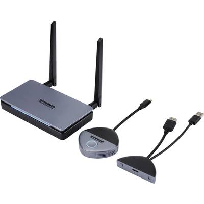 Bezdrátový prezentační systém s hlavním zařízením a dvěma USB adaptéry pro bezdrátové připojení.