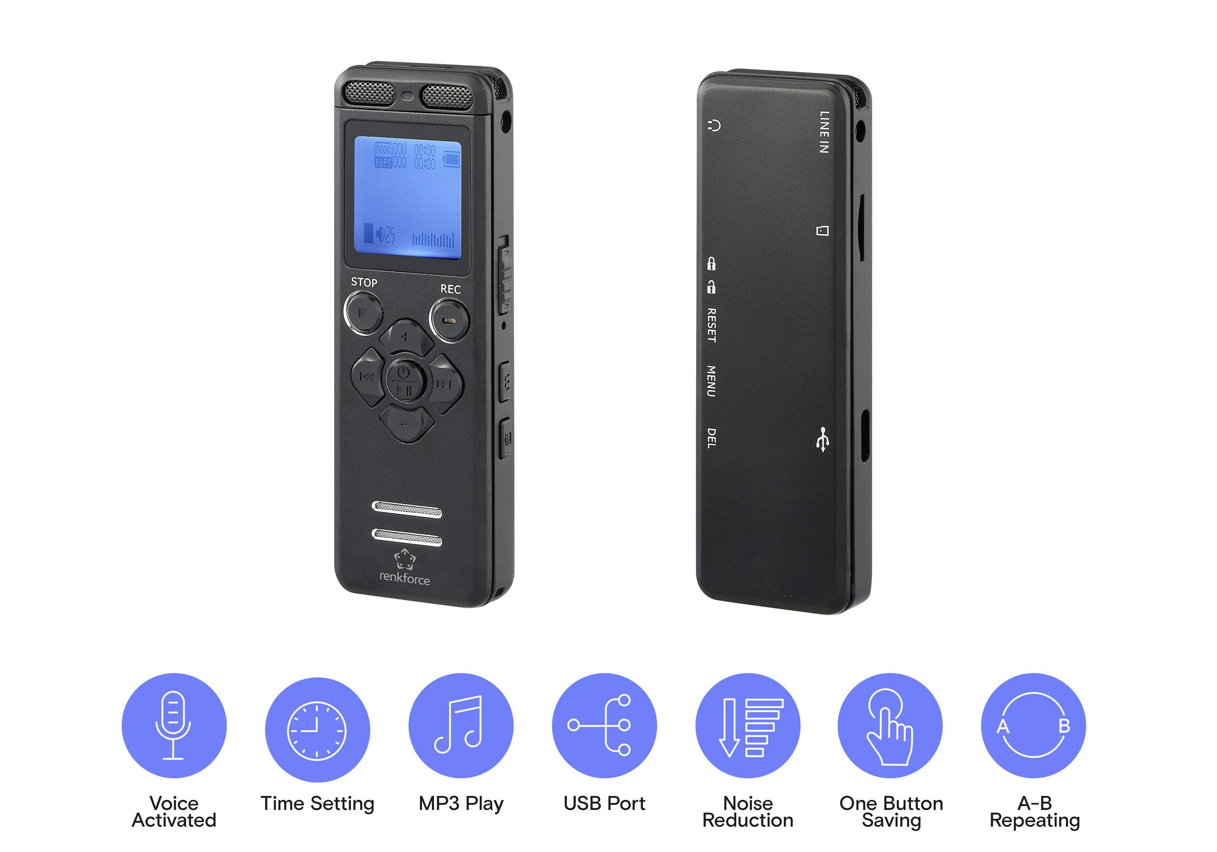 Černý digitální diktafon s displejem, tlakovými tlačítky a USB portem. Zobrazené funkce zahrnují: hlasovou aktivaci, nastavení času, přehrávání MP3, redukci šumu, jednostiskové ukládání a opakování úseku A-B.