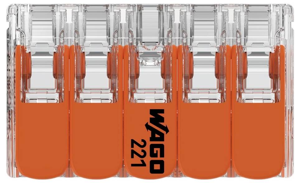 Průhledná pětinásobná svorka s oranžovými pákami, označená jako 'WAGO 221', umožňuje snadné propojení vodičů.