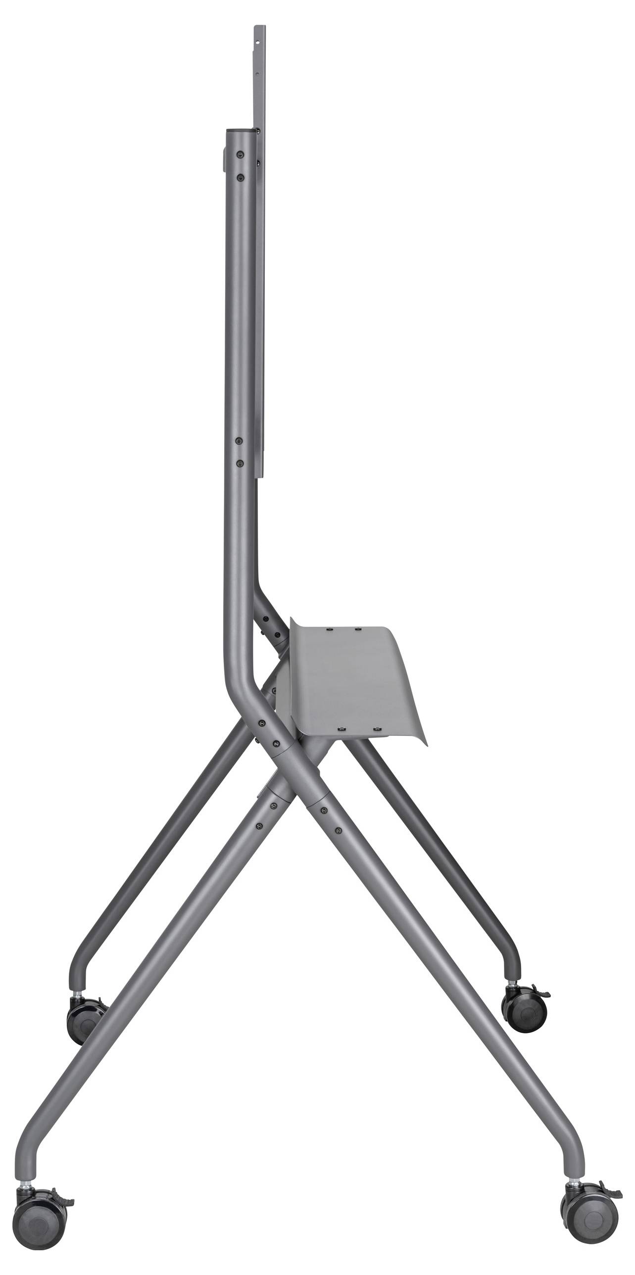 Skládací šedá židle s kolečky, pohled z boku, ukazuje štíhlý design a stabilní strukturu.