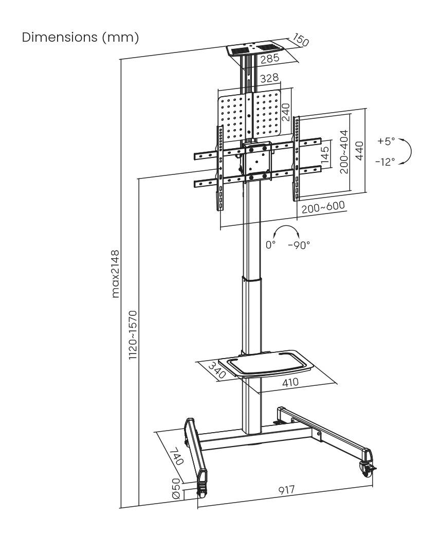 Diagram mobilního TV stojanu s rozměry v milimetrech. Výškově nastavitelný až do 2418 mm, s naklápěcím VESA držákem.