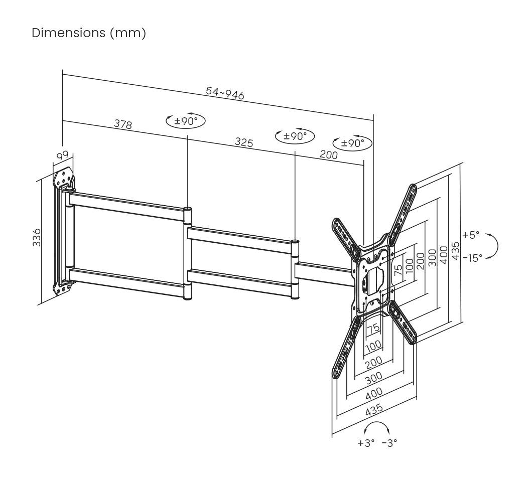 Obrázek držáku na TV s rozměry v milimetrech. Znázorňuje nastavitelné úhly náklonu a pohyblivé ramena.