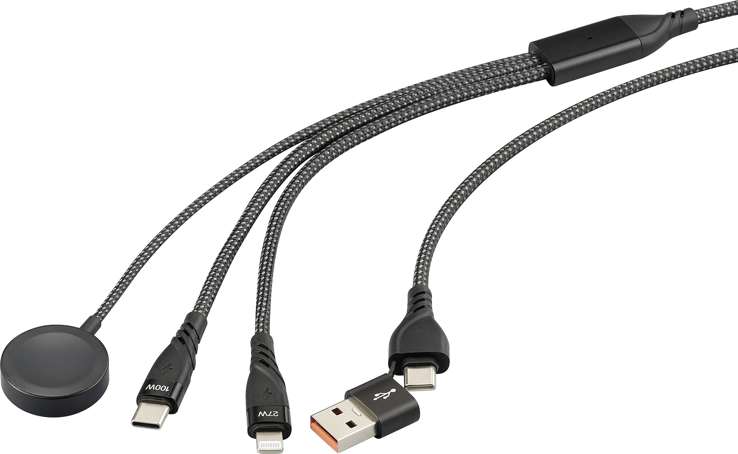Multikabel se čtyřmi konektory: tři USB-C koncovky a magnetická nabíjecí podložka. Vhodné pro různá zařízení.