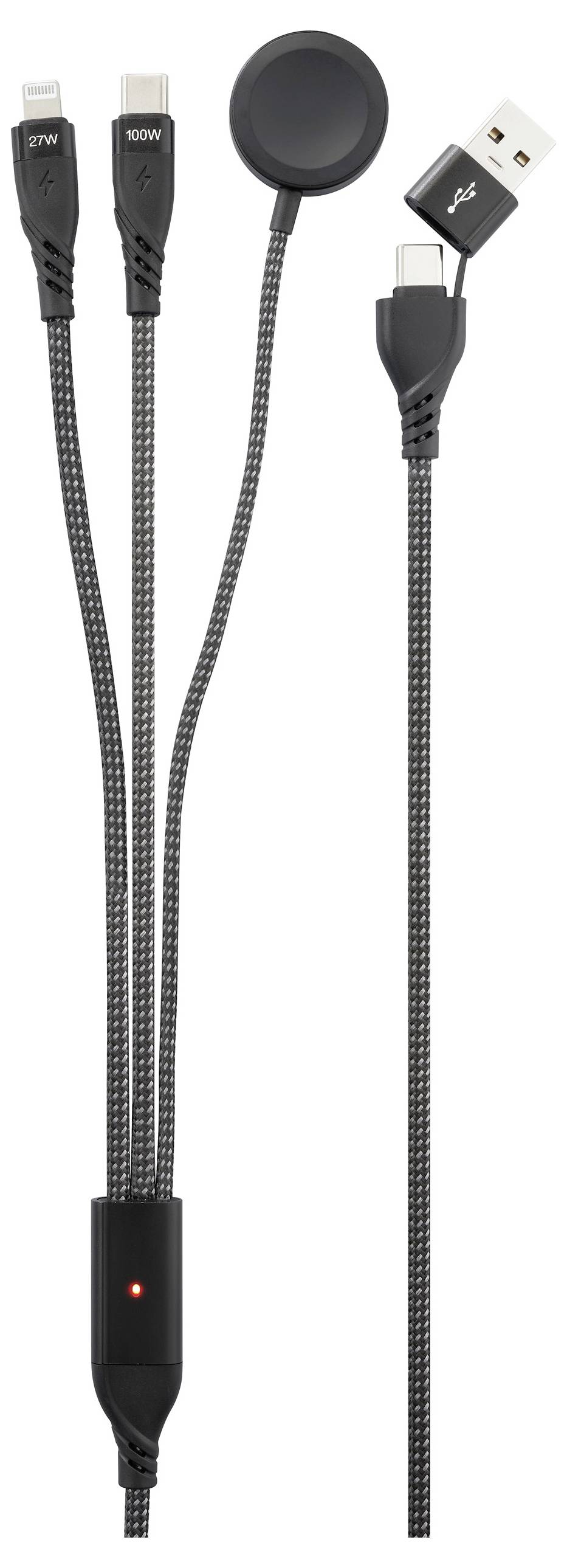 Multifunkční nabíjecí kabel s USB portem, kulatou magnetickou nabíjecí podložkou a třemi různými konektory pro kompatibilitu s širokou škálou zařízení.