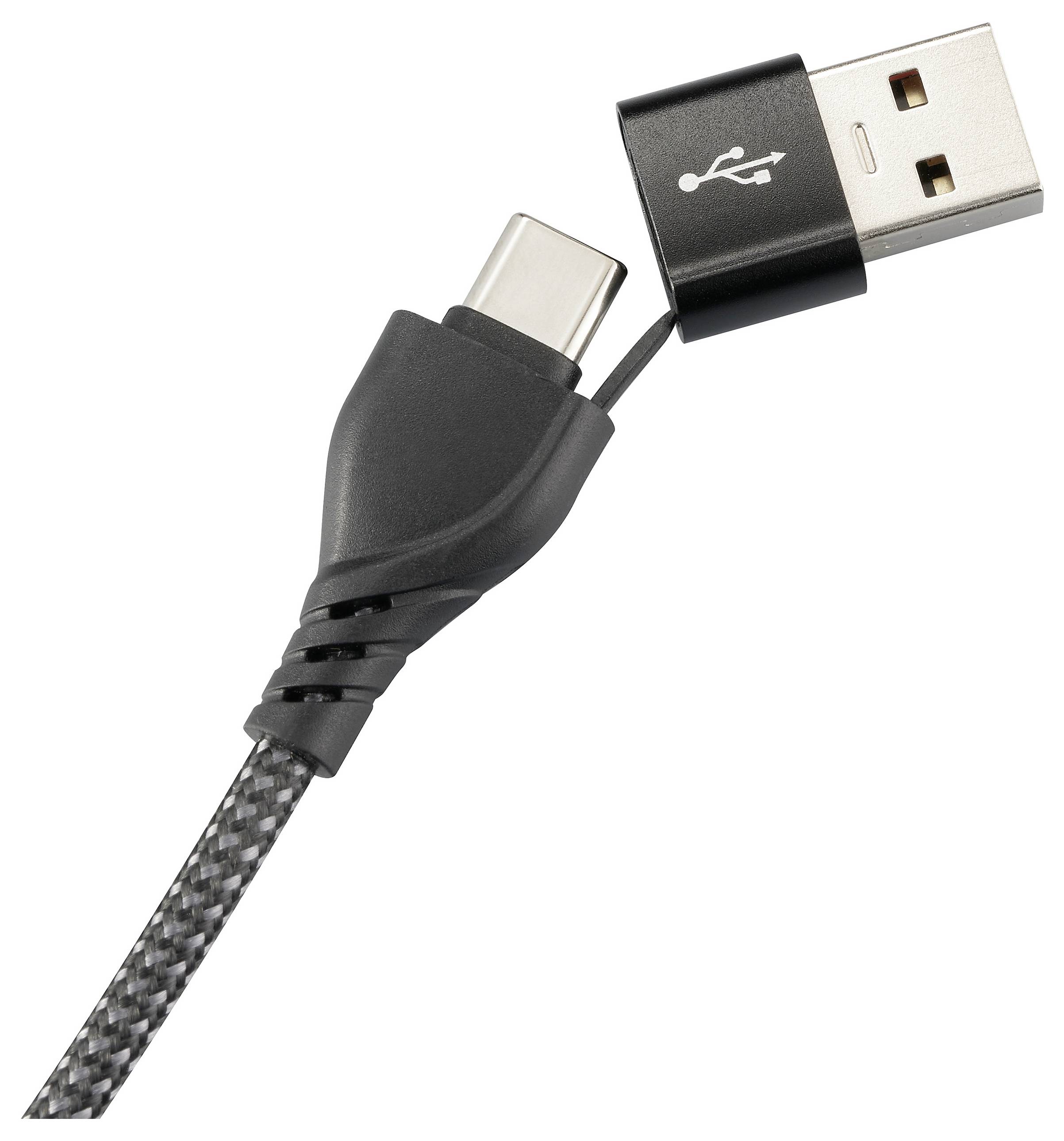 USB kabel s černým adaptérem, zobrazující USB-A zástrčku a USB-C zástrčku, propojené oplétaným kabelem.
