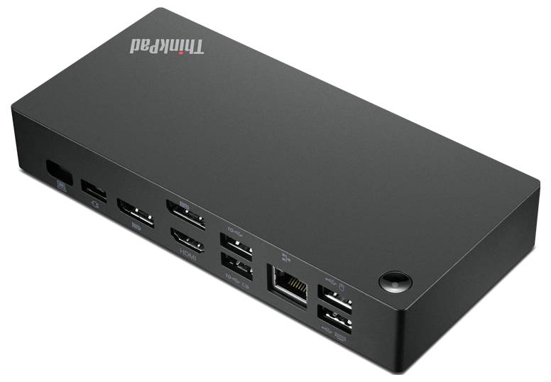 Černá dokovací stanice ThinkPad s několika USB porty, HDMI a ethernetovým připojením, která se používá pro připojení různých zařízení k notebooku.