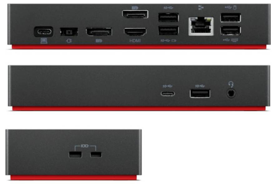 Černá elektronická dokovací stanice s několika porty, včetně USB, HDMI, Ethernetu a audia, zobrazená ze tří úhlů pohledu.