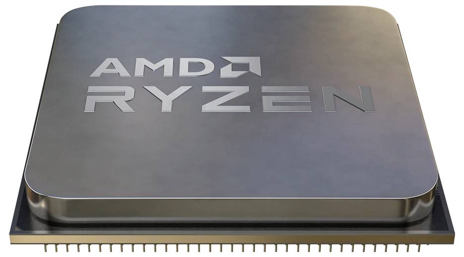 Procesorový čip AMD Ryzen, obdélníkového tvaru, se stříbrným pouzdrem a vyraženým logem, zobrazený na bílém pozadí.